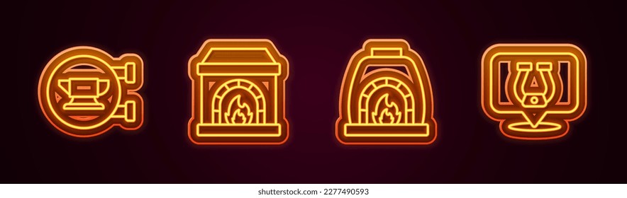 Ponga la línea Blacksmith herramienta yunque, horno y herradura. Icono de neón brillante. Vector