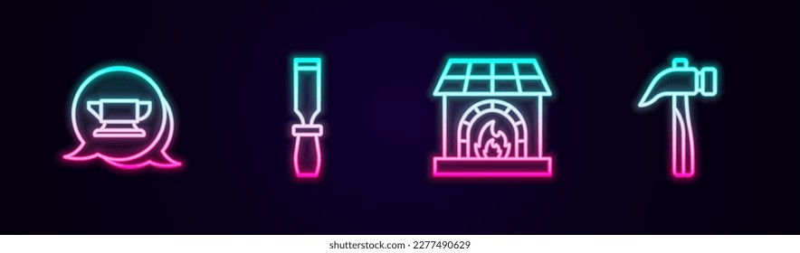Set line Blacksmith anvil tool, Rasp metal file, oven and Hammer. Glowing neon icon. Vector