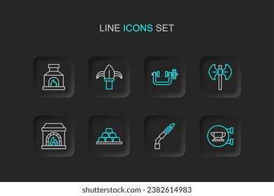 Línea Blacksmith herramienta de yunque, Linterna de soldadura, Barras de oro, horno, poleaxia medieval, lámpara y tornillo, valla de hierro clásico e icono. Vector