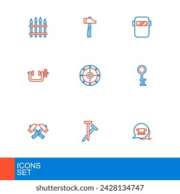 Set line Blacksmith anvil tool, Metallic nails, Crossed hammer, Old key, Clamp and screw, Round shield, Welding mask and Hammer icon. Vector