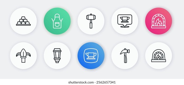 Set line Blacksmith anvil tool, oven, Classic iron fence, Hammer, Sledgehammer,  and Garden light lamp icon. Vector