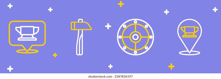 Set line Blacksmith anvil tool, Round shield, Hammer and  icon. Vector