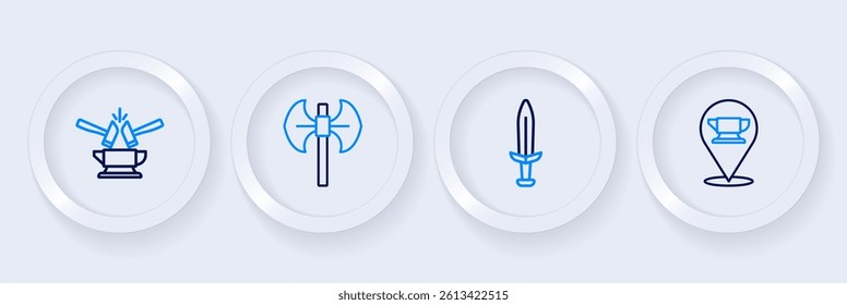 Set line Blacksmith anvil tool, Medieval sword, poleaxe and Anvil and hammer icon. Vector