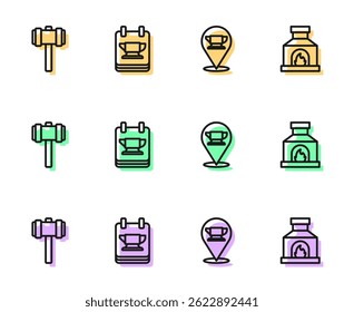 Establecer la línea de herramienta de yunque de herrería, Sledgehammer e icono de horno. Vector