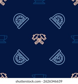 Set line Blacksmith anvil tool, oven and Crossed hammer on seamless pattern. Vector