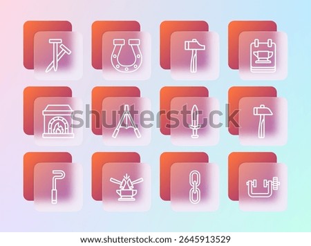 Set line Blacksmith anvil tool, Anvil and hammer, Medieval sword, Chain link, Air blower bellows, Hammer, Metallic nails and Horseshoe icon. Vector