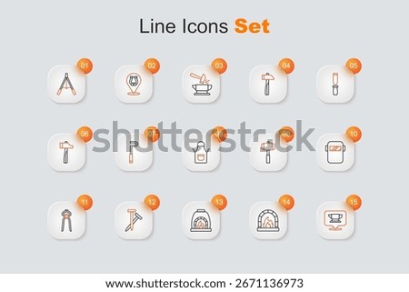 Set line Blacksmith anvil tool, oven, Metallic nails, pliers, Welding mask, Sledgehammer and apron icon. Vector