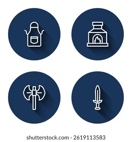 Set line Blacksmith apron, oven, Medieval poleaxe and sword with long shadow. Blue circle button. Vector