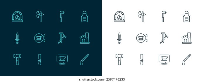 Set line Blacksmith apron, Rasp metal file, Metallic nails, anvil tool, Fire poker, oven and Medieval axe icon. Vector