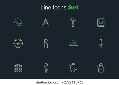 Delantal de herrería, escudo, llave antigua, valla de hierro clásica, espada medieval, barras de oro, herramienta de alicates e icono de escudo redondo. Vector