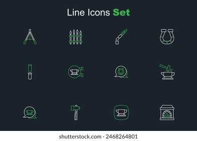 Set line Blacksmith oven, anvil tool, Hammer, Anvil and hammer, Horseshoe,  and Rasp metal file icon. Vector