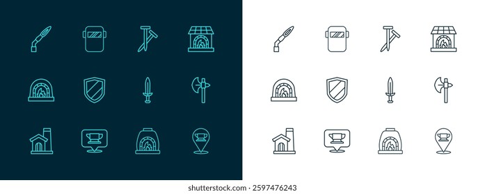 Set line Blacksmith oven, anvil tool, Medieval sword, Shield, Metallic nails, Welding torch and mask icon. Vector