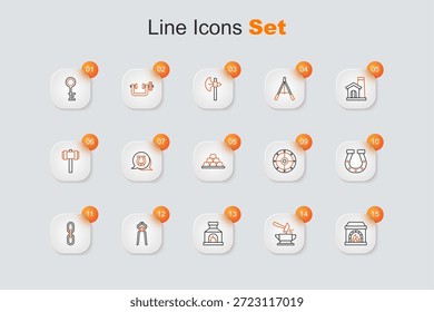 Set Linie Schmied Ofen, Amboss und Hammer, Zangen-Werkzeug, Kettenglied, Hufeisen, Rundschild und Goldbarren-Symbol. Vektorgrafik