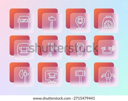 Set line Blacksmith oven, anvil tool, Garden light lamp, Sledgehammer, Metallic nails, Horseshoe, Welding mask and Hammer icon. Vector