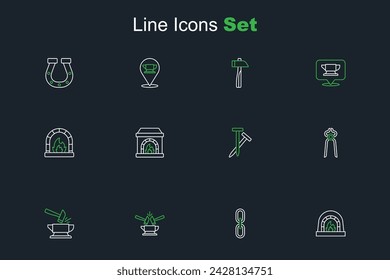 Set line Blacksmith oven, Chain link, Anvil and hammer, pliers tool, Metallic nails,  and  icon. Vector