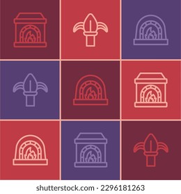 Set line Blacksmith oven,  and Classic iron fence icon. Vector