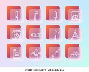 Set line Blacksmith oven, Classic iron fence, Hammer, Welding torch, glasses, Medieval sword, Rasp metal file and Fire poker icon. Vector