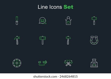 Set line Blacksmith oven, Crossed hammer, Clamp and screw tool, Round shield, Horseshoe, Hammer, Sledgehammer and  icon. Vector