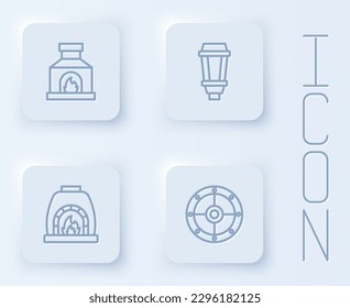 Set line Blacksmith oven, Garden light lamp,  and Round shield. White square button. Vector