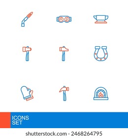 Set line Blacksmith oven, Hammer, Protective gloves, Horseshoe, anvil tool and Welding glasses icon. Vector