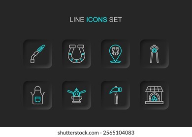 Set line Blacksmith oven, Hammer, Anvil and hammer, apron, pliers tool, Horseshoe,  and Welding torch icon. Vector