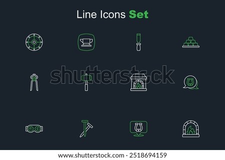 Set line Blacksmith oven, Horseshoe, Metallic nails, Welding glasses, Sledgehammer and pliers tool icon. Vector