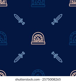Set line Blacksmith oven, Medieval sword and  on seamless pattern. Vector