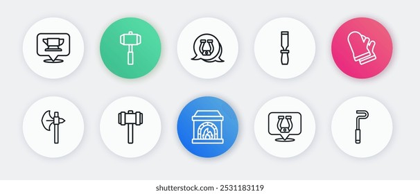 Horno de herrería, guantes protectores, hacha medieval, herradura, archivo de metal Rasp, póker de fuego y el icono de Sledgehammer. Vector