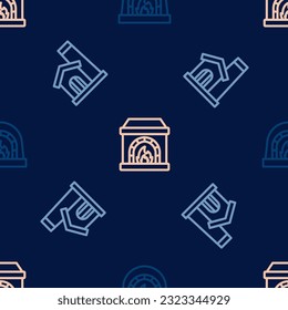 Set line Blacksmith oven, Smithy workshop interior and  on seamless pattern. Vector