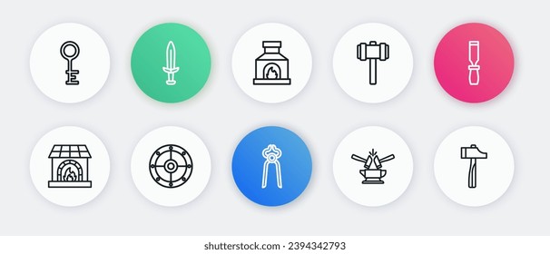 Set line Blacksmith pliers tool, Rasp metal file, oven, Anvil and hammer, Sledgehammer, Hammer and Round shield icon. Vector