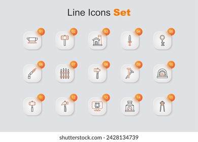 Set line Blacksmith pliers tool, oven, Horseshoe, Hammer, Sledgehammer, Metallic nails and  icon. Vector