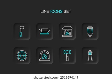 Set line Blacksmith pliers tool, Hammer, oven, Round shield, Garden light lamp, anvil and Fire poker icon. Vector