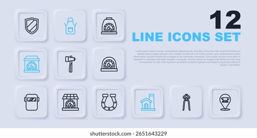 Set line Blacksmith pliers tool, anvil, Hammer, Smithy workshop interior, oven, apron and Horseshoe icon. Vector