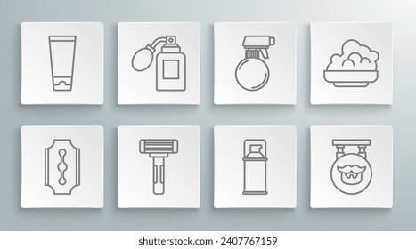Set line Blade razor, Aftershave bottle with atomizer, Shaving, gel foam, Barbershop, Hairdresser pistol spray,  and Cream lotion cosmetic tube icon. Vector