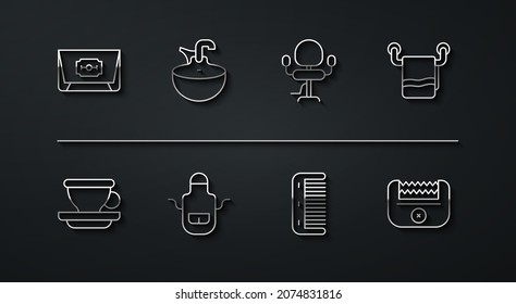 Fija la línea cuchilla de afeitar, taza de café, toalla en colgador, pepinillo de pelo, delantal de barbería, lavabo, clavija de pelo eléctrico e icono de silla de Barbershop. Vector