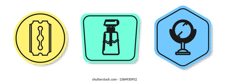 Set line Blade razor, Cream or lotion cosmetic tube and Hand mirror. Colored shapes. Vector