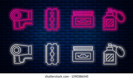 Set line Blade razor, Cream or lotion cosmetic jar, Hair dryer and Aftershave. Glowing neon icon on brick wall. Vector