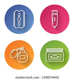 Set line Blade razor, Electrical hair clipper or shaver, Aftershave and Cream or lotion cosmetic jar. Color circle button. Vector