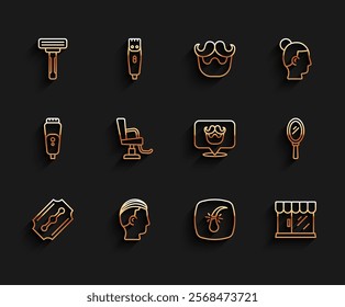 Set line Blade razor, Hairstyle for men, Shaving, Broken hair follicle, Barbershop building, chair, Hand mirror and  icon. Vector