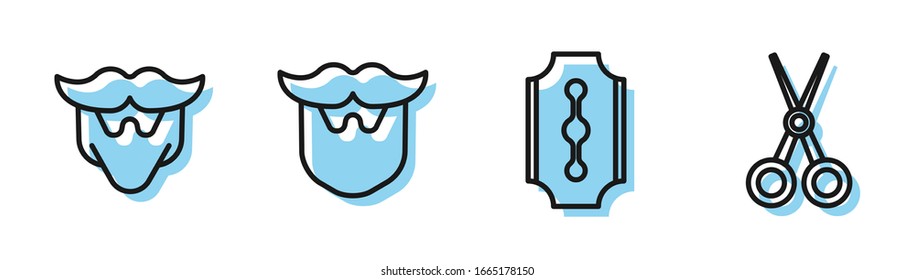 Set line Blade razor, Mustache and beard, Mustache and beard and Scissors hairdresser icon. Vector