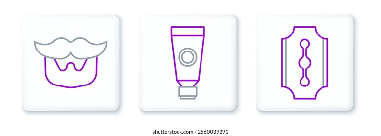 Set line Blade razor, Mustache and beard and Cream lotion cosmetic tube icon. Vector