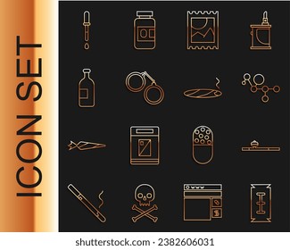 Fijar la línea de la cuchilla de afeitar, la tubería de opio, la molécula de cannabis, la marca de ácido LSD, las esposas, la botella de alcohol, la pipeta y el cigarro con icono de humo. Vector