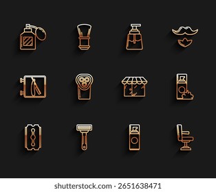Set line Blade razor, Shaving, Aftershave, gel foam, Barbershop chair, Electrical clipper shaver,  and building icon. Vector