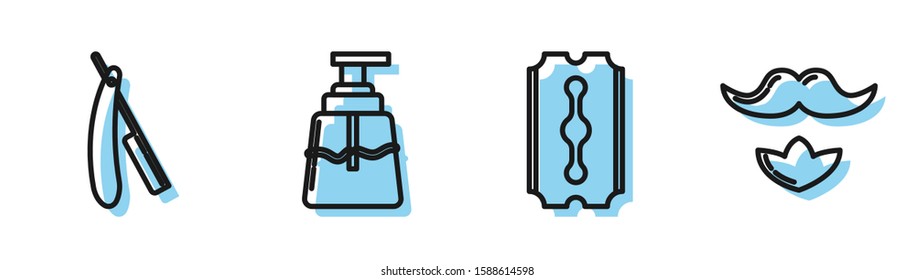 Set line Blade razor, Straight razor, Aftershave and Mustache and beard icon. Vector