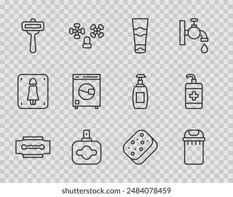 Set line Blade razor, Trash can, Tube of toothpaste, Perfume, Shaving, Washer, Sponge and Hand sanitizer bottle icon. Vector