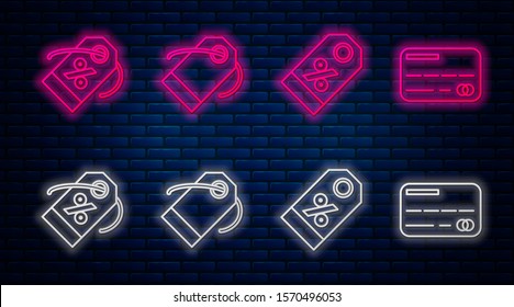 Set line Blank label template price tag, Discount percent tag, Discount percent tag and Credit card. Glowing neon icon on brick wall. Vector