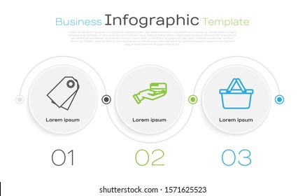 Set line Blank label template price tag, Human hand holding with credit card and Shopping basket. Business infographic template. Vector