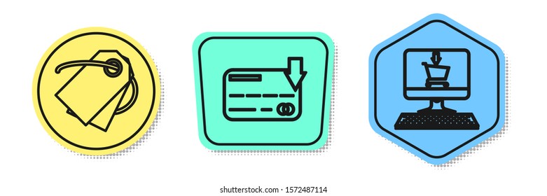 Set line Blank label template price tag, Credit card and Shopping cart on screen computer. Colored shapes. Vector