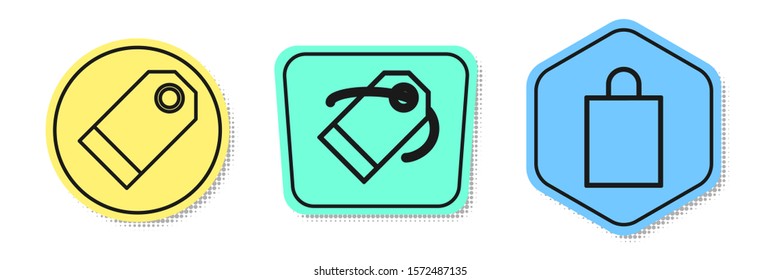 Set line Blank label template price tag, Blank label template price tag and Paper shopping bag. Colored shapes. Vector