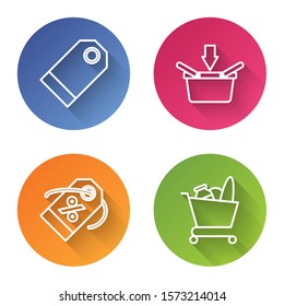 Set line Blank label template price tag, Shopping basket, Discount percent tag and Shopping cart and food. Color circle button. Vector